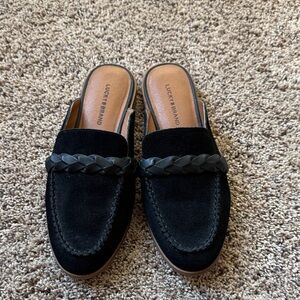 Lucky Brand Black Suede Braided Slip-On Mules